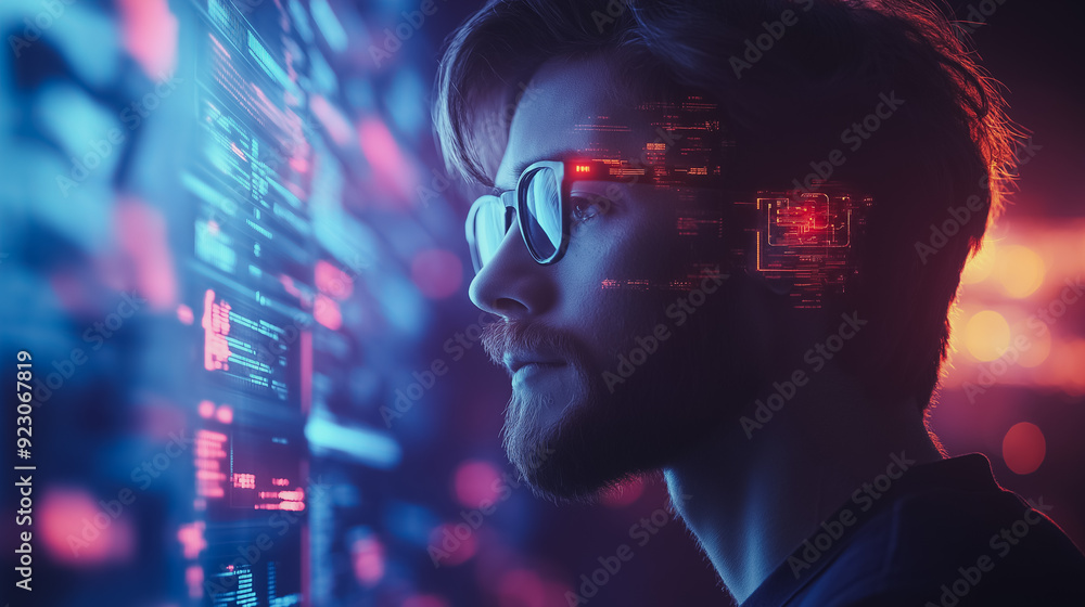 Poster man engaging with a virtual ai, asking for answers and interacting with an intelligent chatbot, illu
