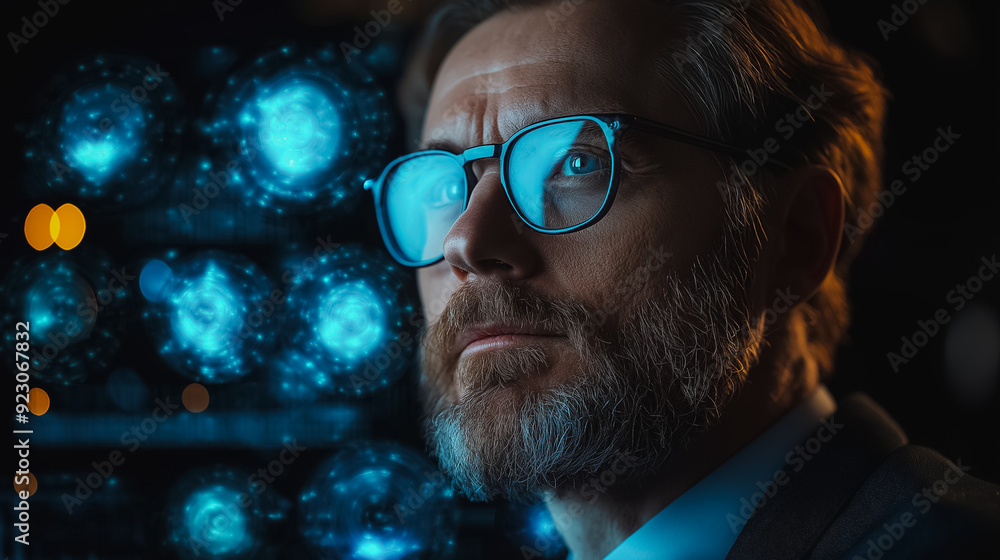 Poster high-tech scene with a businessman engaged with quality control certification, emphasizing quality a