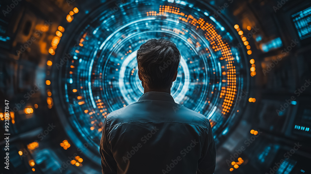 Poster futuristic quality management setting with a businessman focusing on standard quality control certif