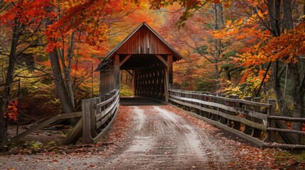 A scenic autumn view of a historic covered bridge surrounded by trees with brilliant fall foliage