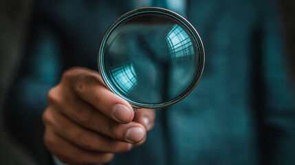 Businessman’s hand holding a magnifying glass, focusing on standard quality control assurance guarantee symbol, representing quality assurance and management