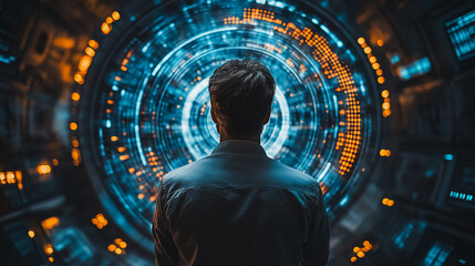 Futuristic quality management setting with a businessman focusing on standard quality control certification, highlighting quality assurance and automation processes