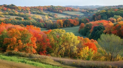 A scenic autumn vista with rolling hills and a valley filled with colorful trees, showcasing a stunning display