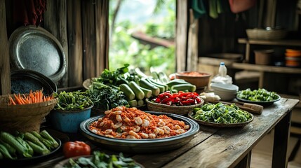 Obraz premium Rustic Wooden Table with Prepared Food and Ingredients