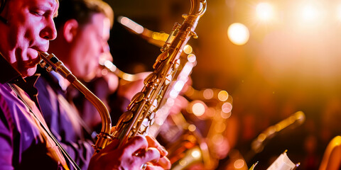jazz band performing on stage at the club. AI generative.