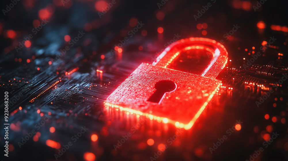 Poster internet cyber attack alert with a red broken padlock representing a security breach, focusing on ha