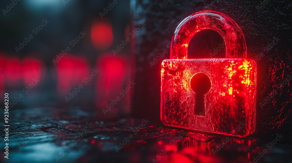 Poster internet cyber attack alert with a red broken padlock representing a security breach, focusing on ha