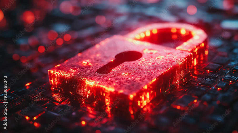 Poster cyber attack visualization with a red broken padlock, highlighting system hacking and security breac