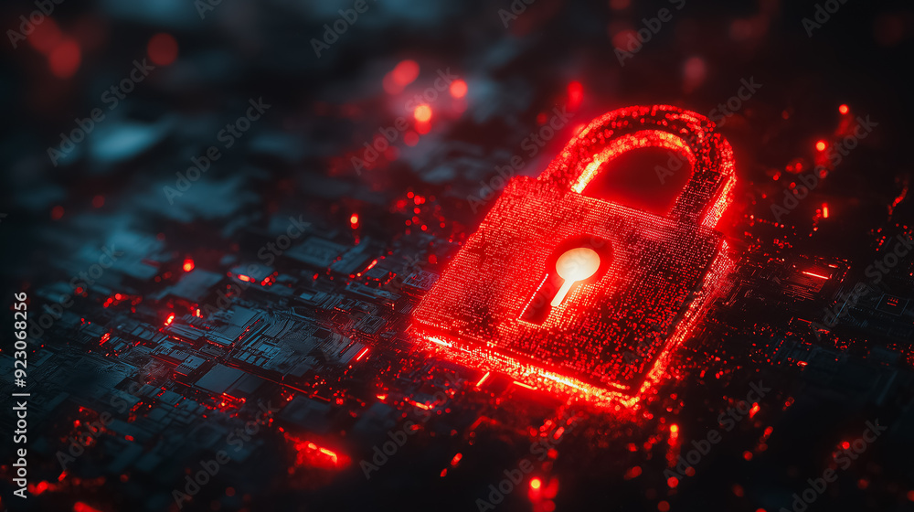 Poster cyber attack visualization with a red broken padlock, highlighting system hacking and security breac