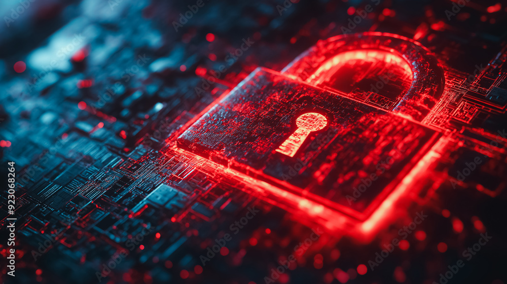 Poster cyber attack visualization with a red broken padlock, highlighting system hacking and security breac