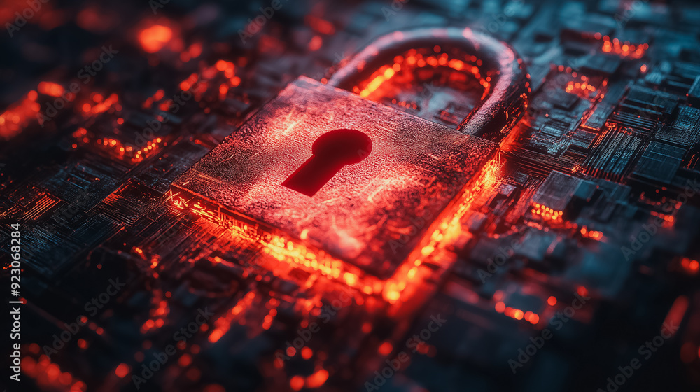 Poster cyber attack visualization with a red broken padlock, highlighting system hacking and security breac