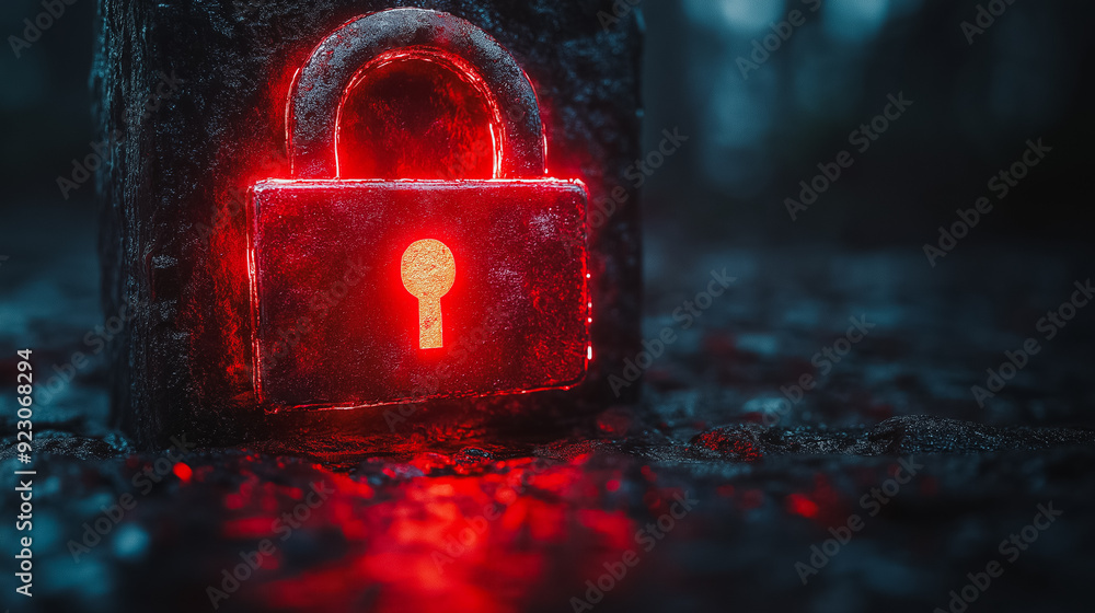 Poster cyber attack visualization with a red broken padlock, highlighting system hacking and security breac
