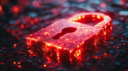 Cyber attack visualization with a red broken padlock, highlighting system hacking and security breaches in the context of cybersecurity and internet threats