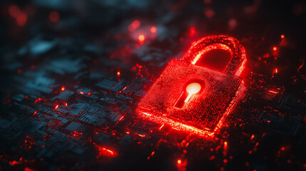 Cyber attack visualization with a red broken padlock, highlighting system hacking and security breaches in the context of cybersecurity and internet threats