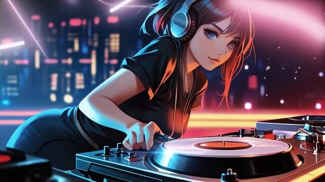 A dj girl with smooth looping video anime style and 4K animation 