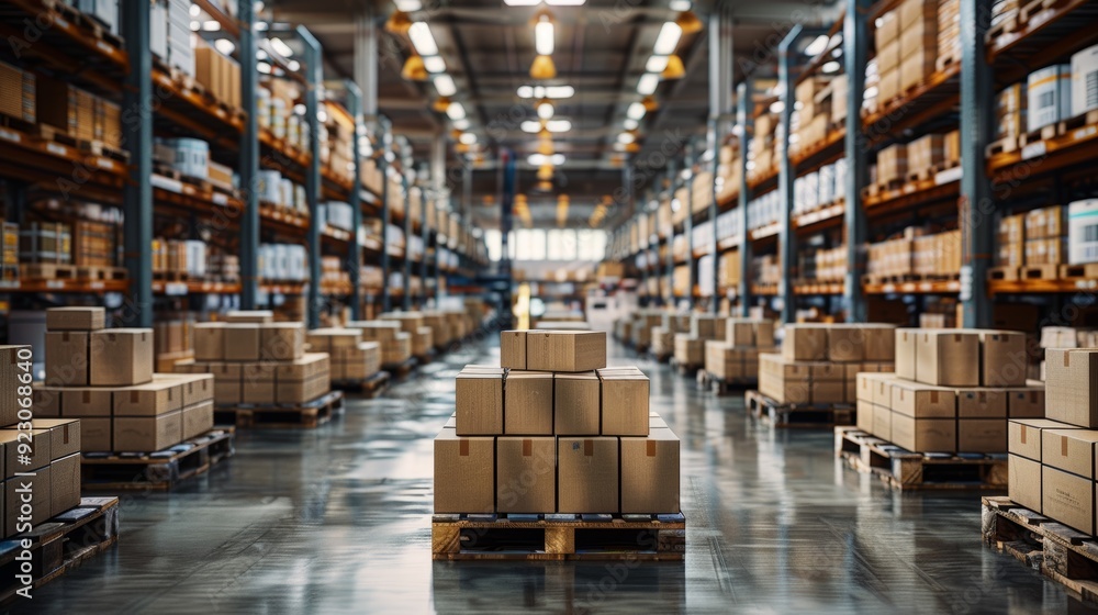 Poster stacks of cardboard boxes on pallets in a large warehouse with rows of shelves filled with products