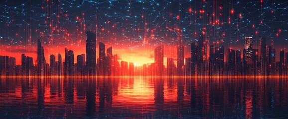 Naklejka premium Futuristic cityscape with digital lines and data connections in the sky, wide-angle shot, city skyline at night with illuminated skyscrapers, futuristic technology concept, wide panorama.