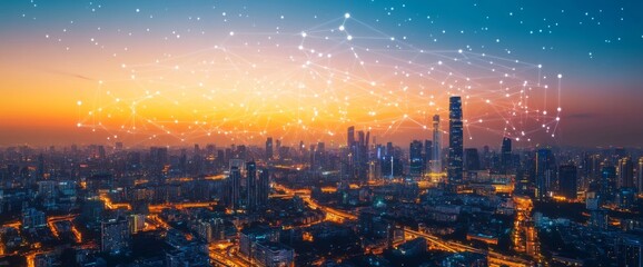 Obraz premium Futuristic cityscape with digital lines and data connections in the sky, wide-angle shot, city skyline at night with illuminated skyscrapers, futuristic technology concept, wide panorama.