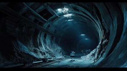 A construction vehicle sits in the middle of a dark tunnel with lights in the distance.