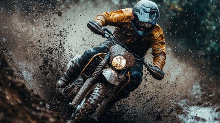 Intense Muddy Motocross Action - Dynamic shot of a motocross rider powering through muddy terrain, capturing the thrill and intensity of off-road racing.