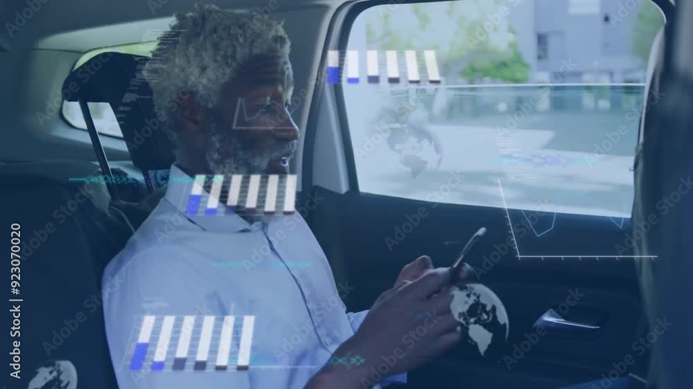 Poster analyzing data and global connections animation over man using smartphone in car