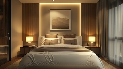 modern comfortable bedroom, with white bed, brown striped pillows, bedside lamps, black frame on beige wall.
