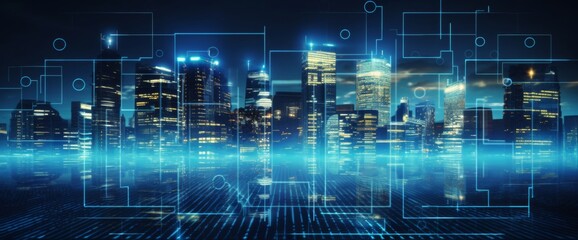 Obraz premium Futuristic cityscape with digital lines and data connections in the sky, wide-angle shot, city skyline at night with illuminated skyscrapers, futuristic technology concept, wide panorama.