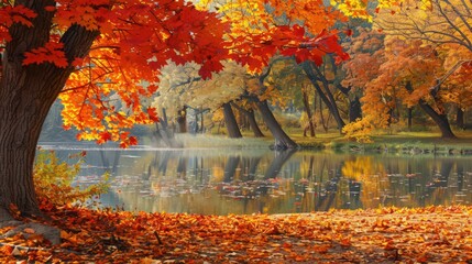 A scenic view of a park filled with fall foliage, where the vibrant reds, oranges,