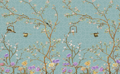 3d wallpaper design with little flowers,country style branches and flowers and birds for mural print © sharif