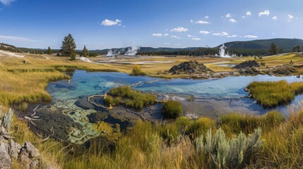 A scenic view of Yellowstone National Park's geothermal features, including hot springs and geysers