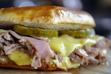 Classic Cuban Delight: A Flavorful Cuban Sandwich with Ham, Pork, Cheese, and Pickles on a Toasted Roll - A Taste of Havana's Culinary Tradition