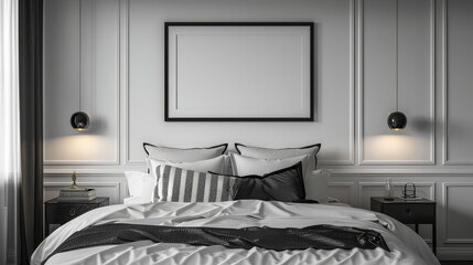 modern comfortable bedroom, with white bed, black and white striped pillows, bedside lamps, black frame on white wall