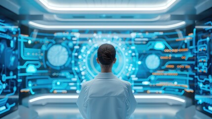 Corporate team in a high-tech meeting room with augmented reality displays showing successful solutions. Futuristic, Digital, Soft Blue and White, Detailed