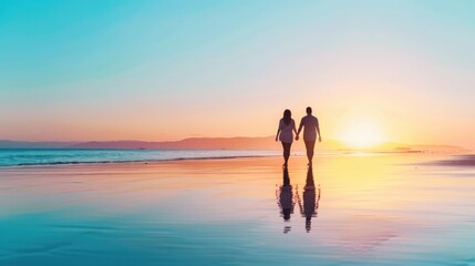 Fototapeta premium Couple walking hand in hand on the beach at sunrise, romantic and peaceful.