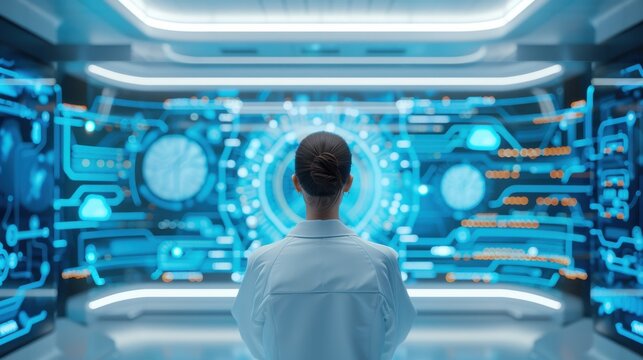 Corporate team in a high-tech meeting room with augmented reality displays showing successful solutions. Futuristic, Digital, Soft Blue and White, Detailed