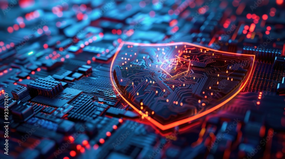 Poster 3d rendering of a digital shield protecting a network, symbolizing the importance of cybersecurity.