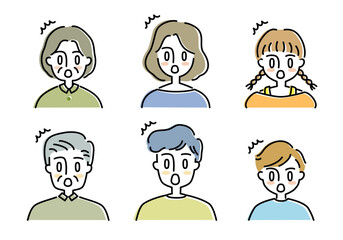 老若男女の驚く顔のイラストセット