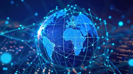 Obraz premium Blue Hologram Globe with World Map and Glowing Data Streams: AI Global Communication Networks, Virtual Reality Simulations, Geospatial Data Visualization, and Interactive Educational Experience