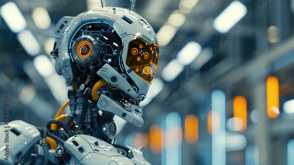 Poster advanced robot illustration showcasing the impact of industry 4.0 on production. integration of ai a