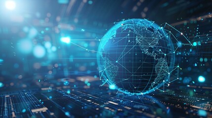 Obraz premium Interactive Educational Experience Featuring a Blue Hologram Globe with World Map and Glowing Data Streams: AI Global Communication Networks, Virtual Reality Simulations, Geospatial Data Visualization