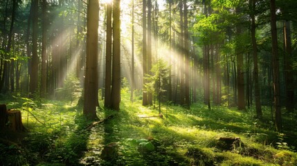 Obraz premium A serene forest with sunlight filtering through the trees, highlighting the importance of preserving natural habitats