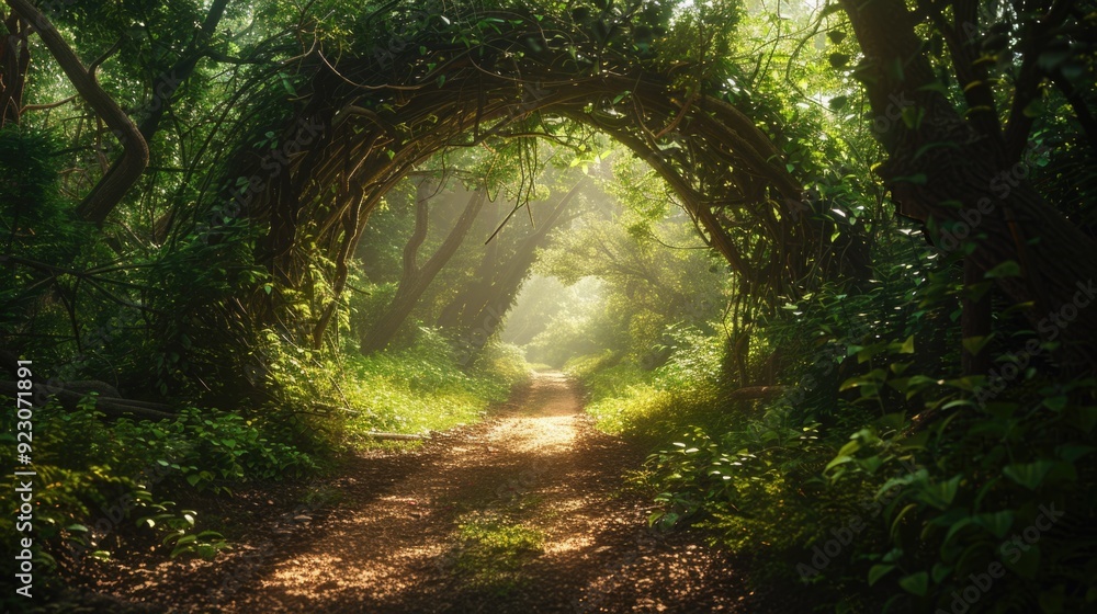 Poster enchanting forest archway inviting discovery in soft light.