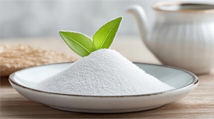 White powdered sweetener cascading onto a pile on a plate, Artificial sweeteners, Depicting stevia or aspartame in a refined and pure form