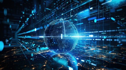 Interactive Educational Experience Featuring a Blue Hologram Globe with World Map and Glowing Data Streams: AI Global Communication Networks, Virtual Reality Simulations, Geospatial Data Visualization
