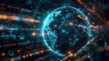 Blue Hologram Globe with World Map and Glowing Data Streams: AI Global Communication Networks, Virtual Reality Simulations, Geospatial Data Visualization, and Interactive Educational Experience