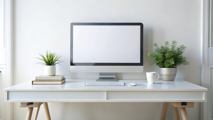 Minimalist White Desk with Computer and Plants.