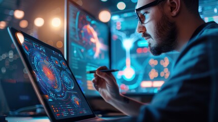 Digital artist creating NFT artwork on a tablet, innovative and creative.