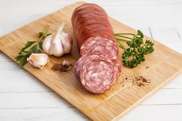 A loaf of salami Servelat sausage on a cutting Board with parsley and spices and garlic