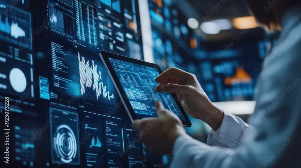 Poster software engineers manage big data with digital tablets, utilizing ai and advanced digital technolog