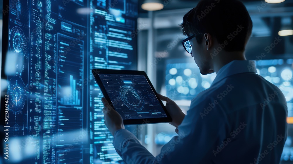 Poster software engineers use digital tablets and ai for big data management, applying data science princip